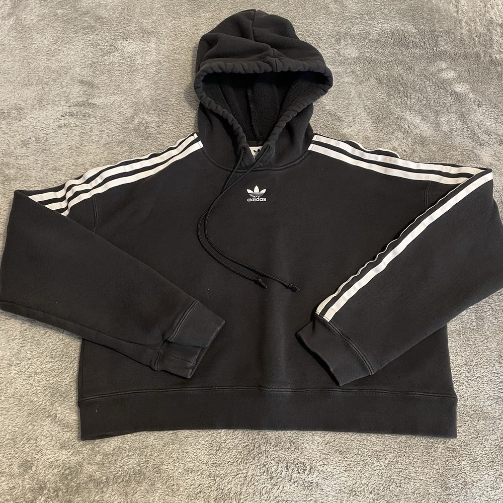 Adidas Hoodie Women's XS Black Three Stripe Sleeve Cropped Pullover Activewear - Picture 1 of 8
